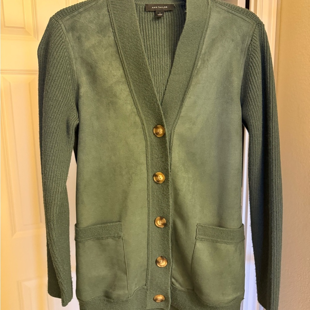 Ann Taylor faux suede mixed media cardigan